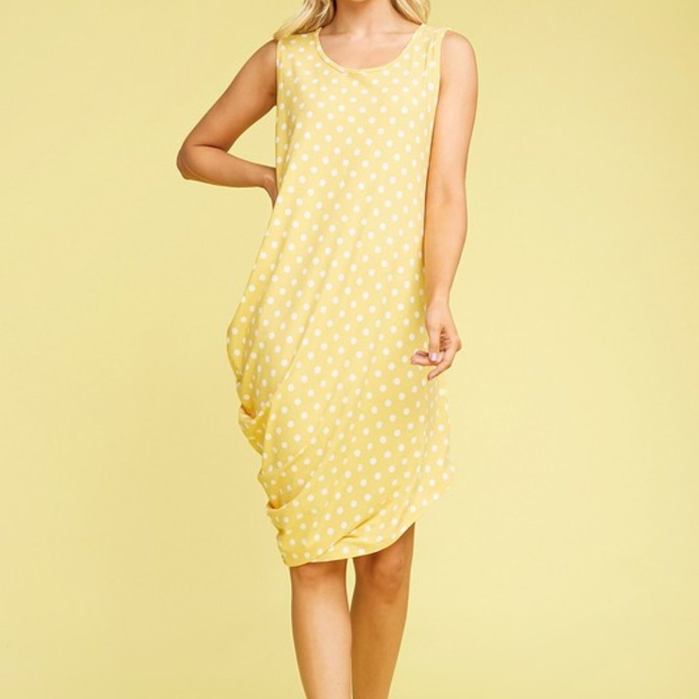 Sleeveless side draped dress - Yellow/Ivory Dot